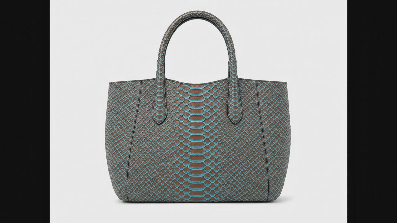 Aqua Brown Python Snakeskin Tote Leather Bag