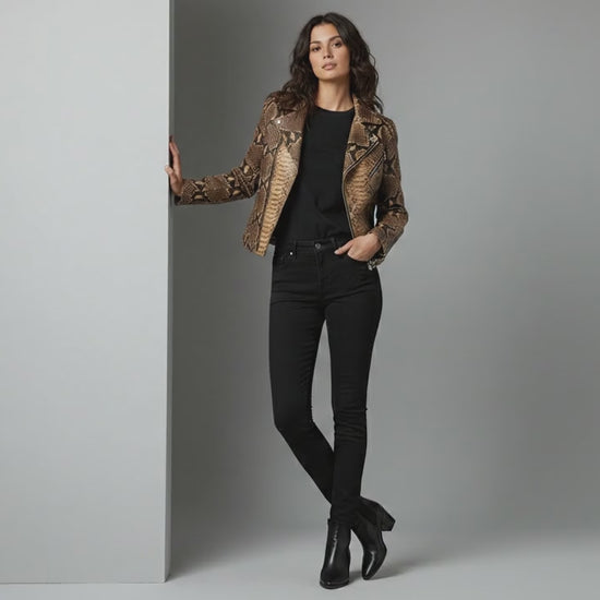 Genuine Python Snakeskin Leather Biker Jacket: Natural Brown Exotic Motorcycle Jacket