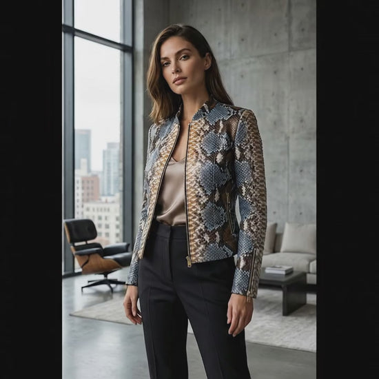 Exotic Blue Brown Python Snakeskin Leather Jacket