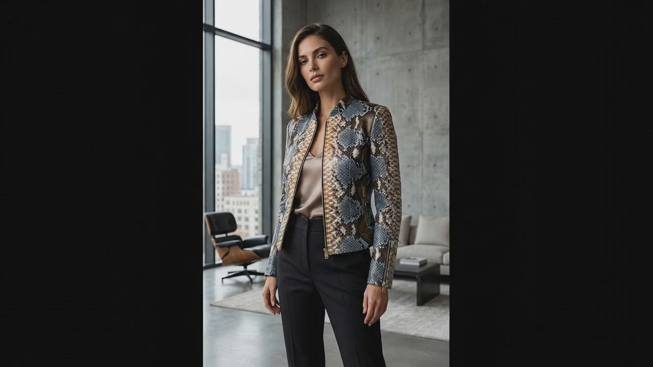 Exotic Blue Brown Python Snakeskin Leather Jacket