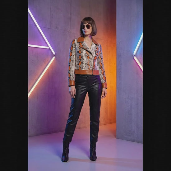 Python Snakeskin Biker Leather Jacket: Multi-Color Orange