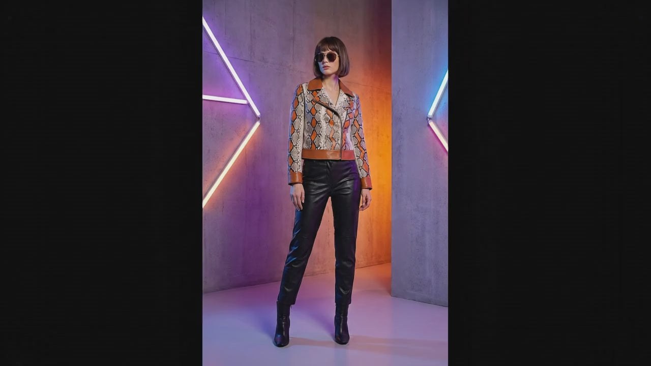 Python Snakeskin Biker Leather Jacket: Multi-Color Orange