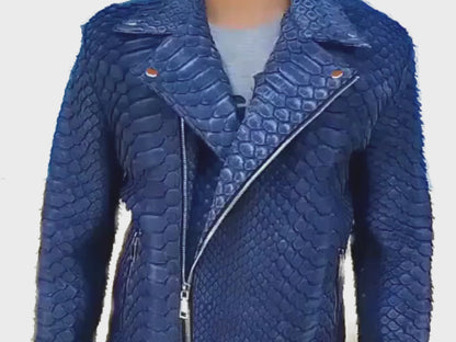 Blue Nubuck Snakeskin Leather Jacket - 6