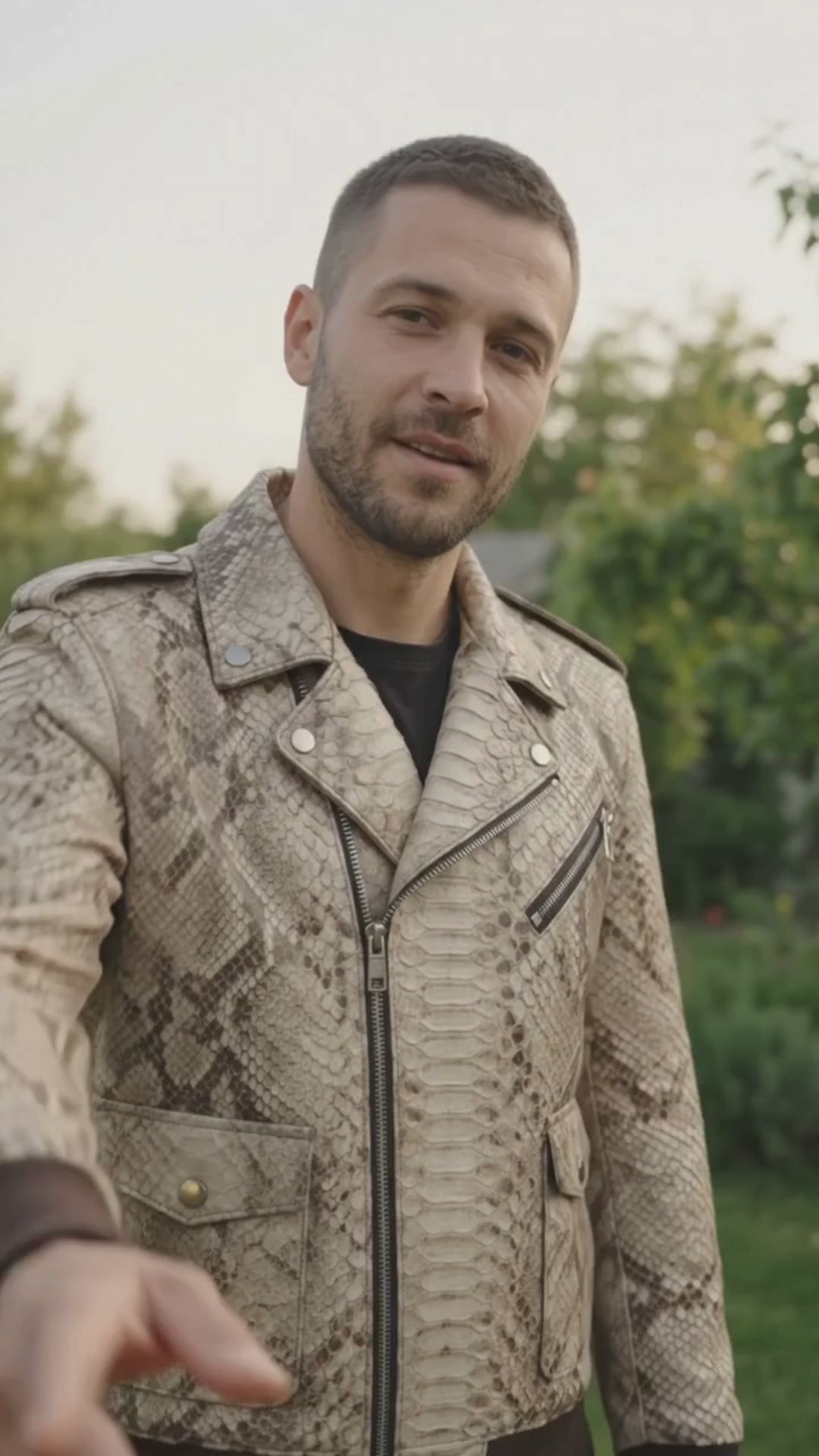 Python Snakeskin Biker Jacket for Men – Beige Brown
