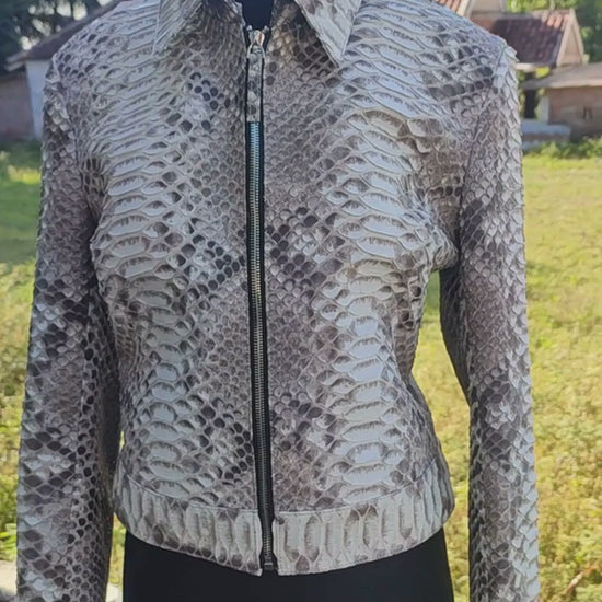 Python Snakeskin Leather Zip Jacket: Convertible Shirt Mandarin Collar