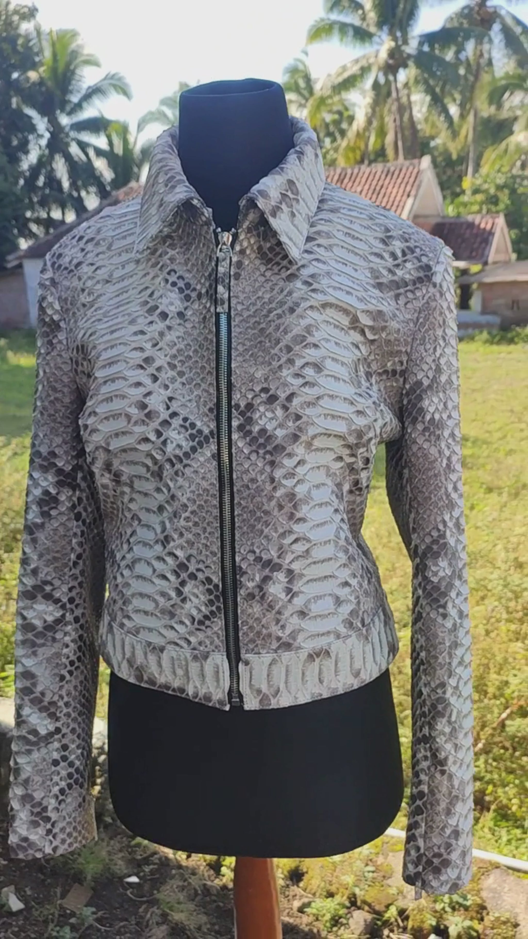 Python Snakeskin Leather Zip Jacket: Convertible Shirt Mandarin Collar