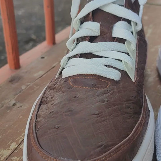 Brown Ostrich Skin Leather High-Top Sneakers