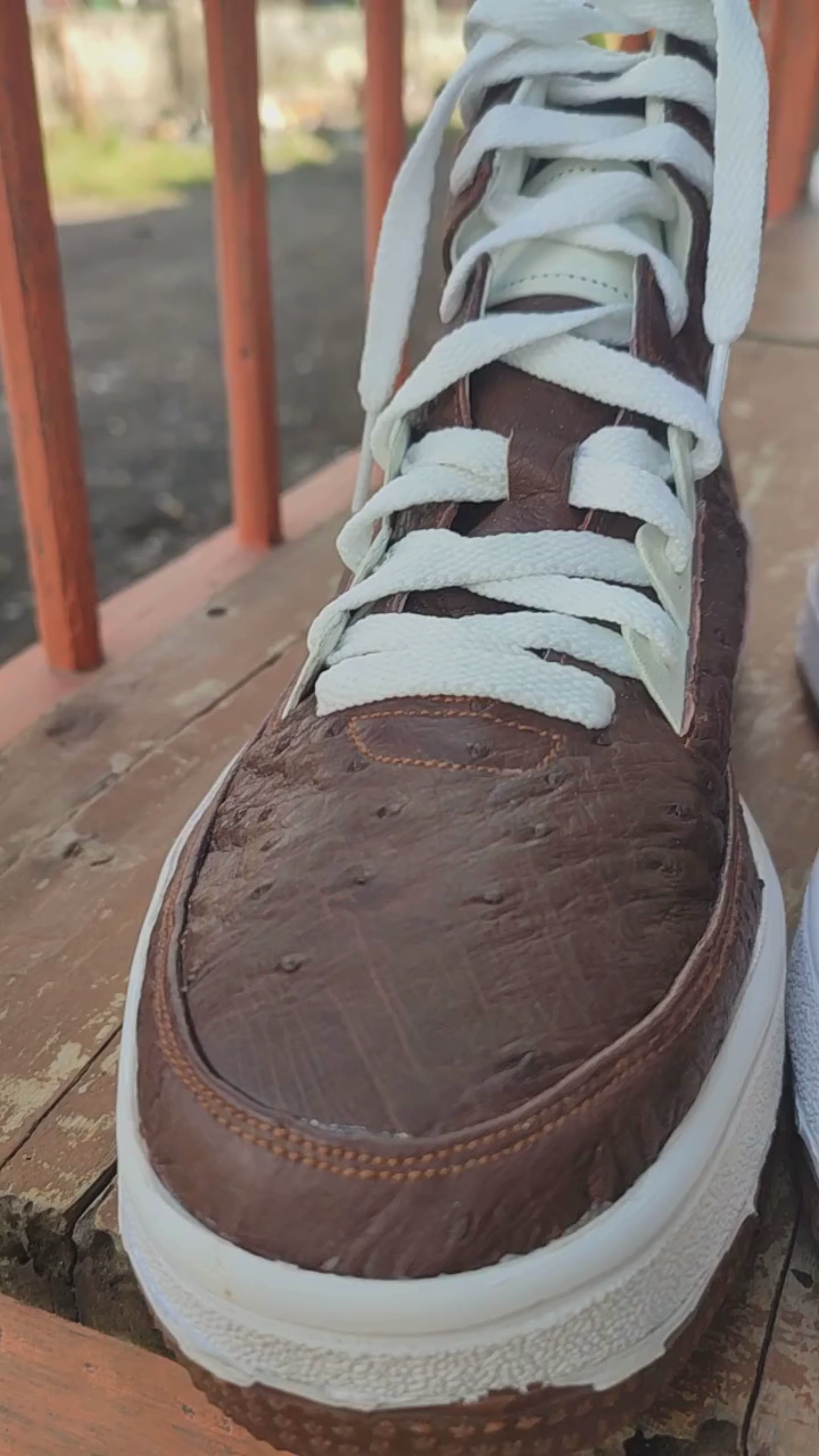 Brown Ostrich Skin Leather High-Top Sneakers