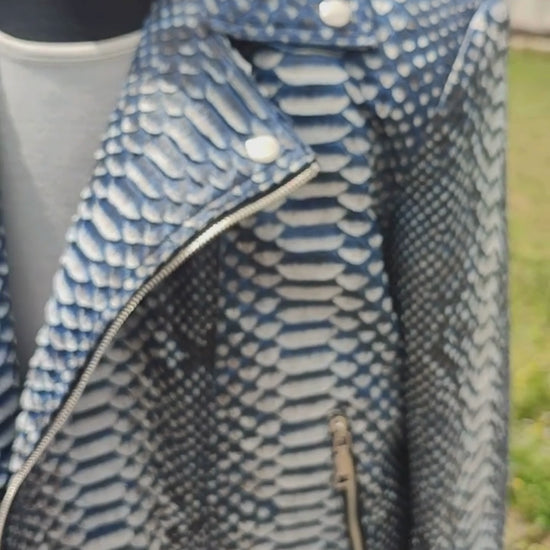 Genuine Python Snakeskin Leather Biker Jacket: Gradient Blue