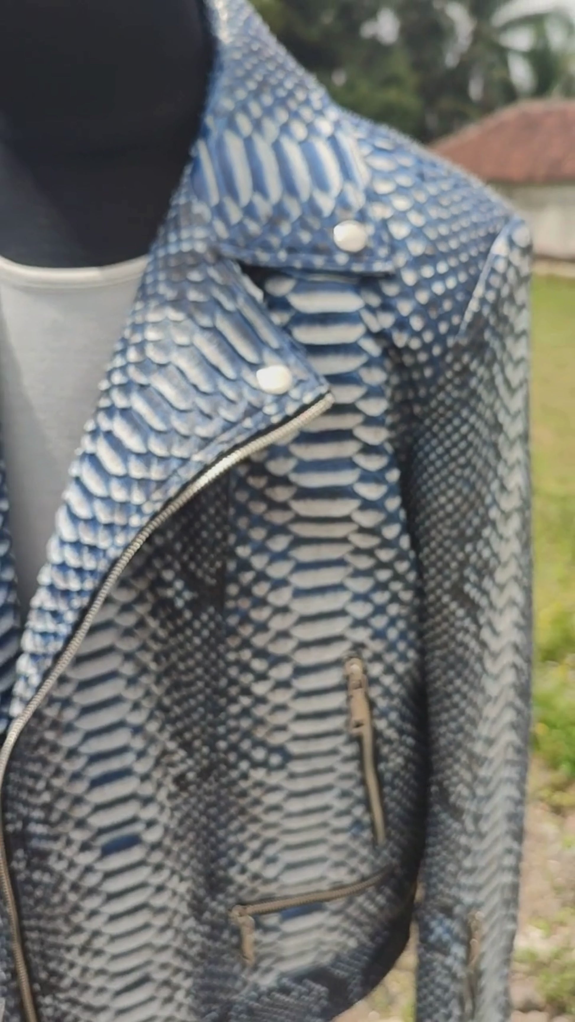 Genuine Python Snakeskin Leather Biker Jacket: Gradient Blue