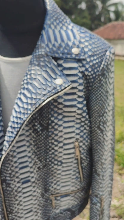 Genuine Python Snakeskin Leather Biker Jacket: Gradient Blue