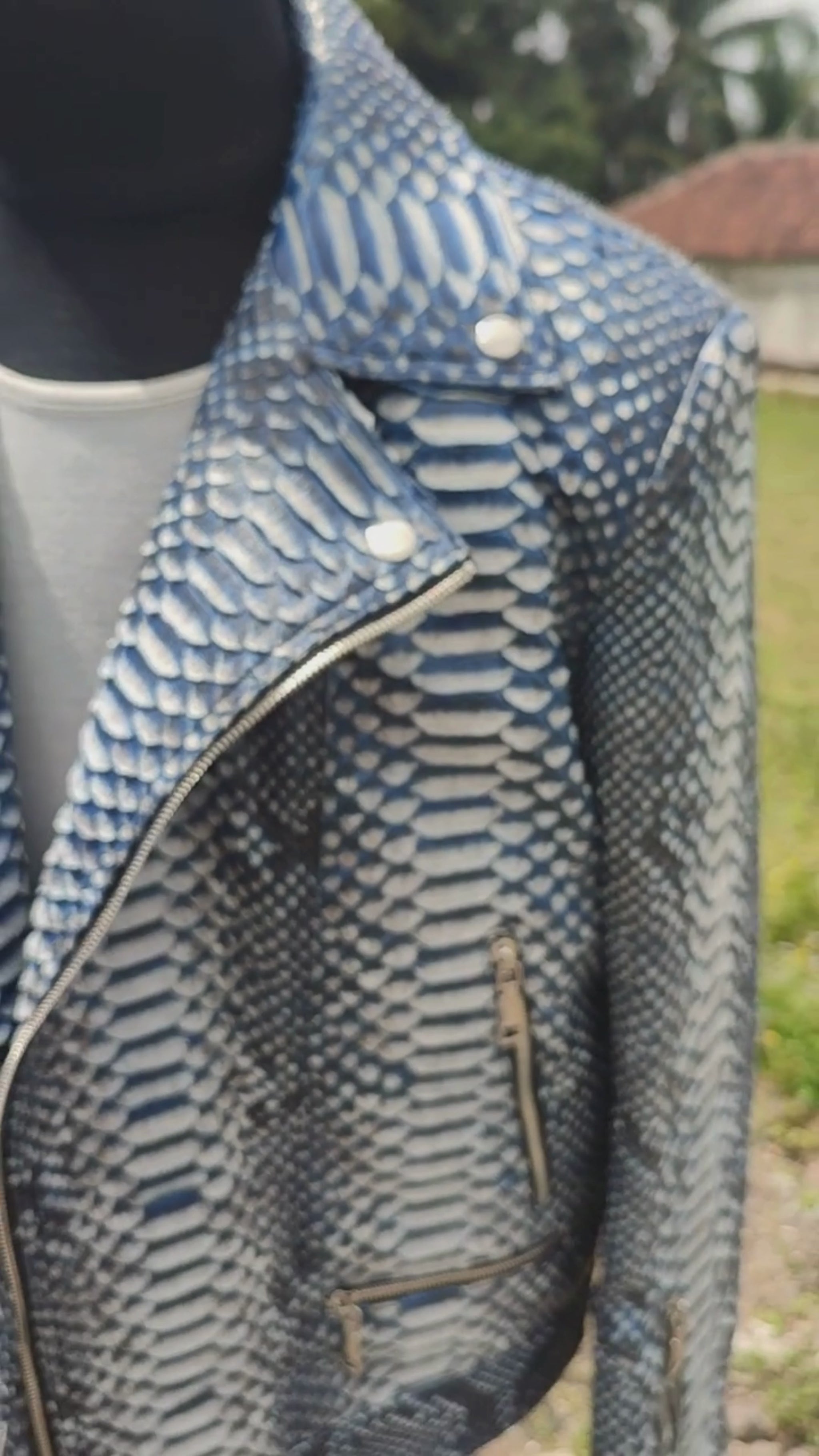 Genuine Python Snakeskin Leather Biker Jacket: Gradient Blue