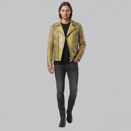 Genuine Python Snakeskin Biker Jacket: Gold Exotic Leather Motorcycle Jacket