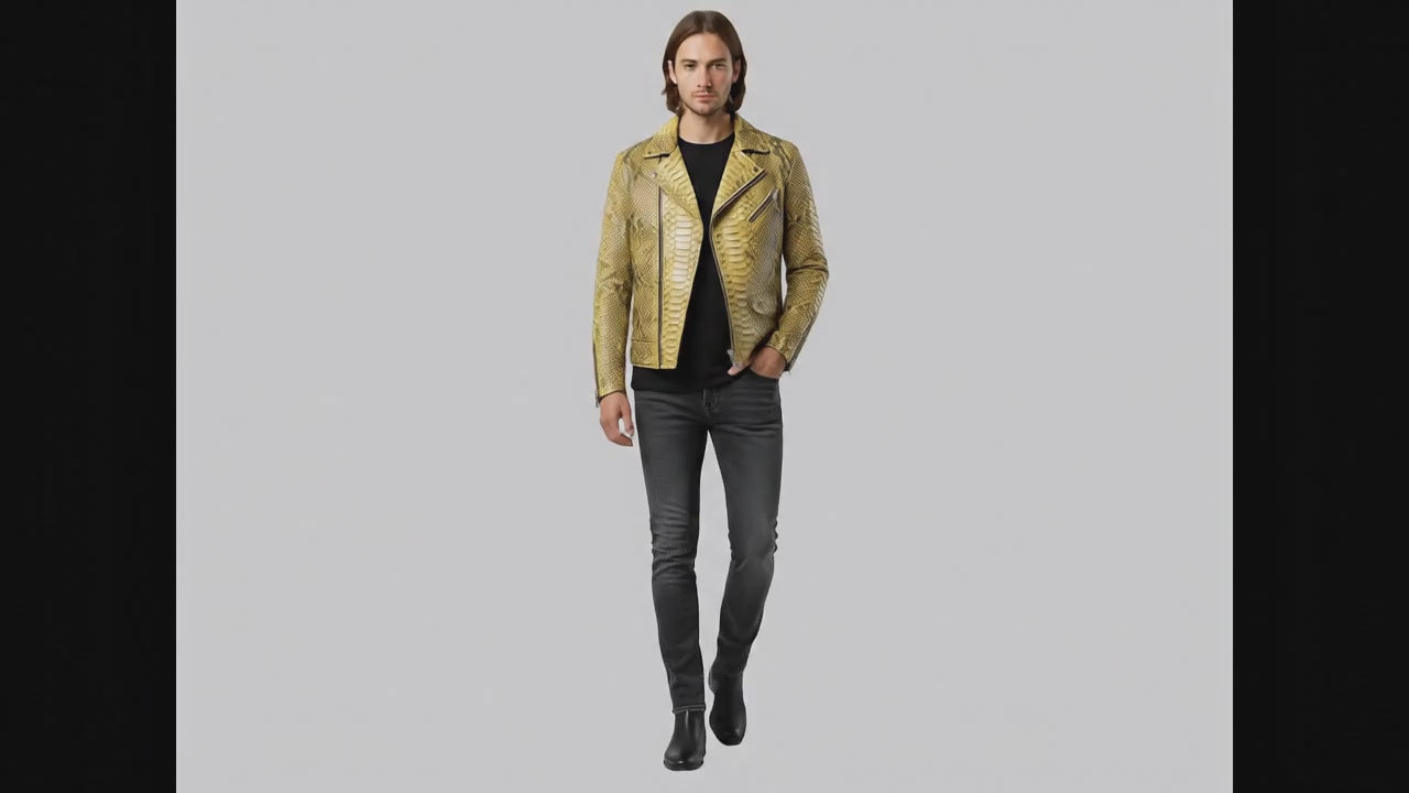 Genuine Python Snakeskin Biker Jacket: Gold Exotic Leather Motorcycle Jacket