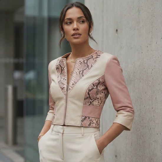 Blush Snakeskin Panel Cropped Leather Jacket