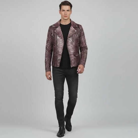 Genuine Python Snakeskin Leather Biker Jacket: Gradient Burgundy Exotic Motorcycle Jacket