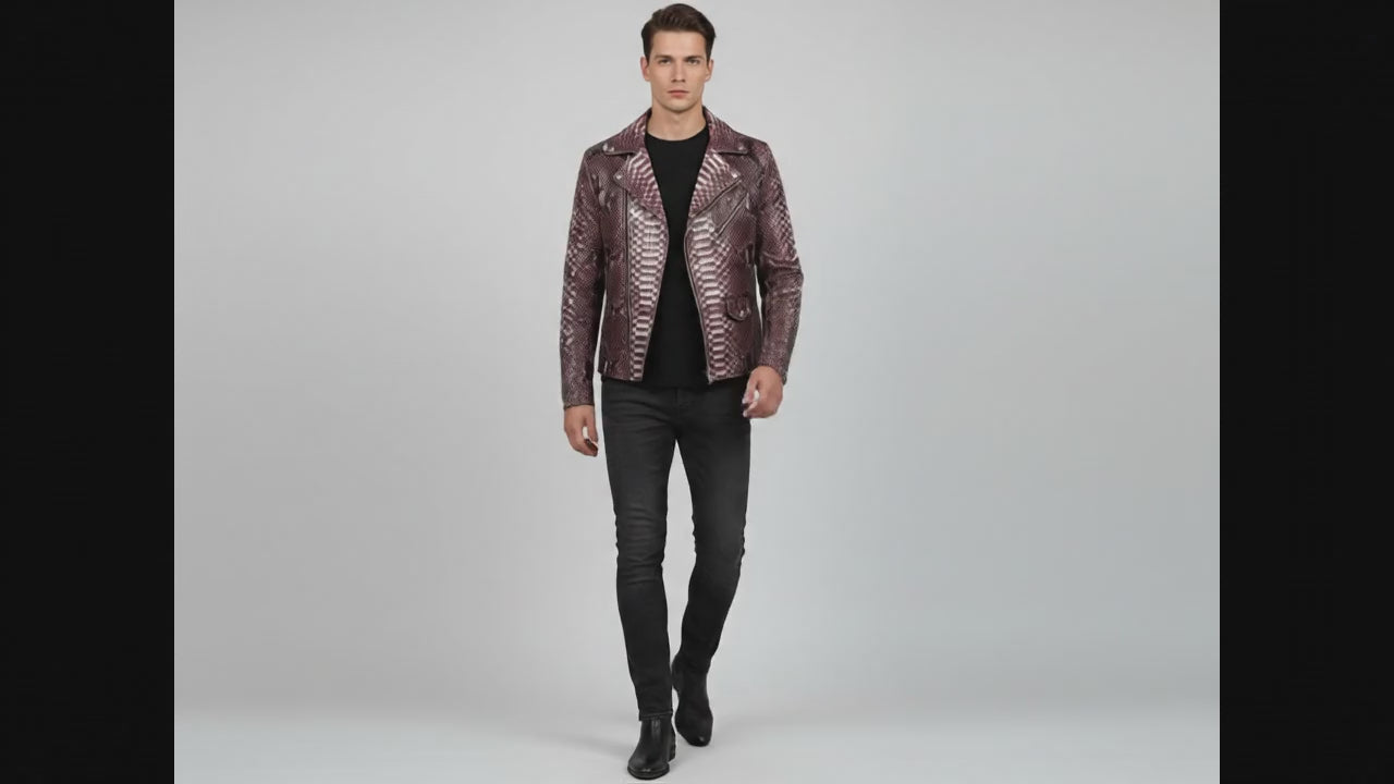 Genuine Python Snakeskin Leather Biker Jacket: Gradient Burgundy Exotic Motorcycle Jacket