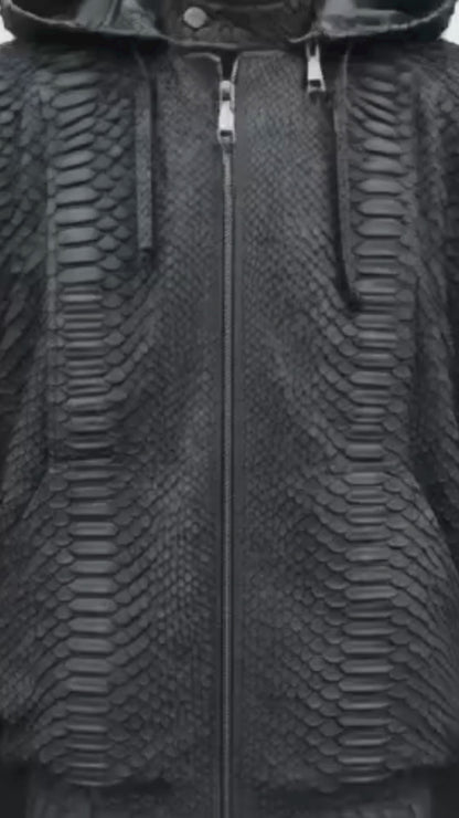 Black python snakeskin hooded bomber jacket with full zip front and textured scale pattern