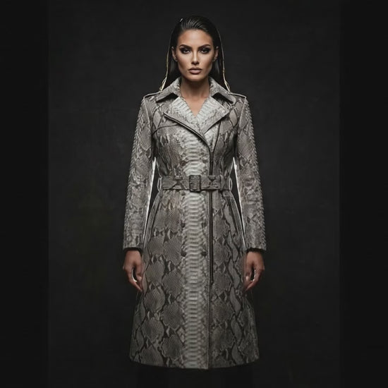 Gray Python Snakeskin Women Trench Coat