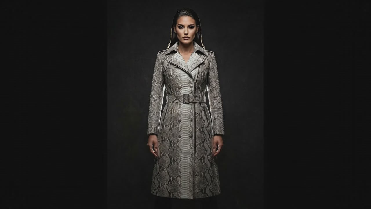 Gray Python Snakeskin Women Trench Coat