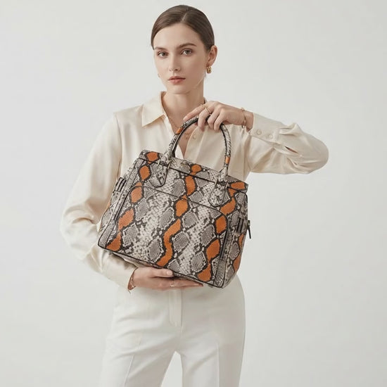 Orange Python Snakeskin Leather Satchel Tote
