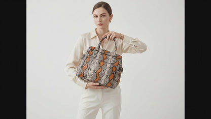 Orange Python Snakeskin Leather Satchel Tote