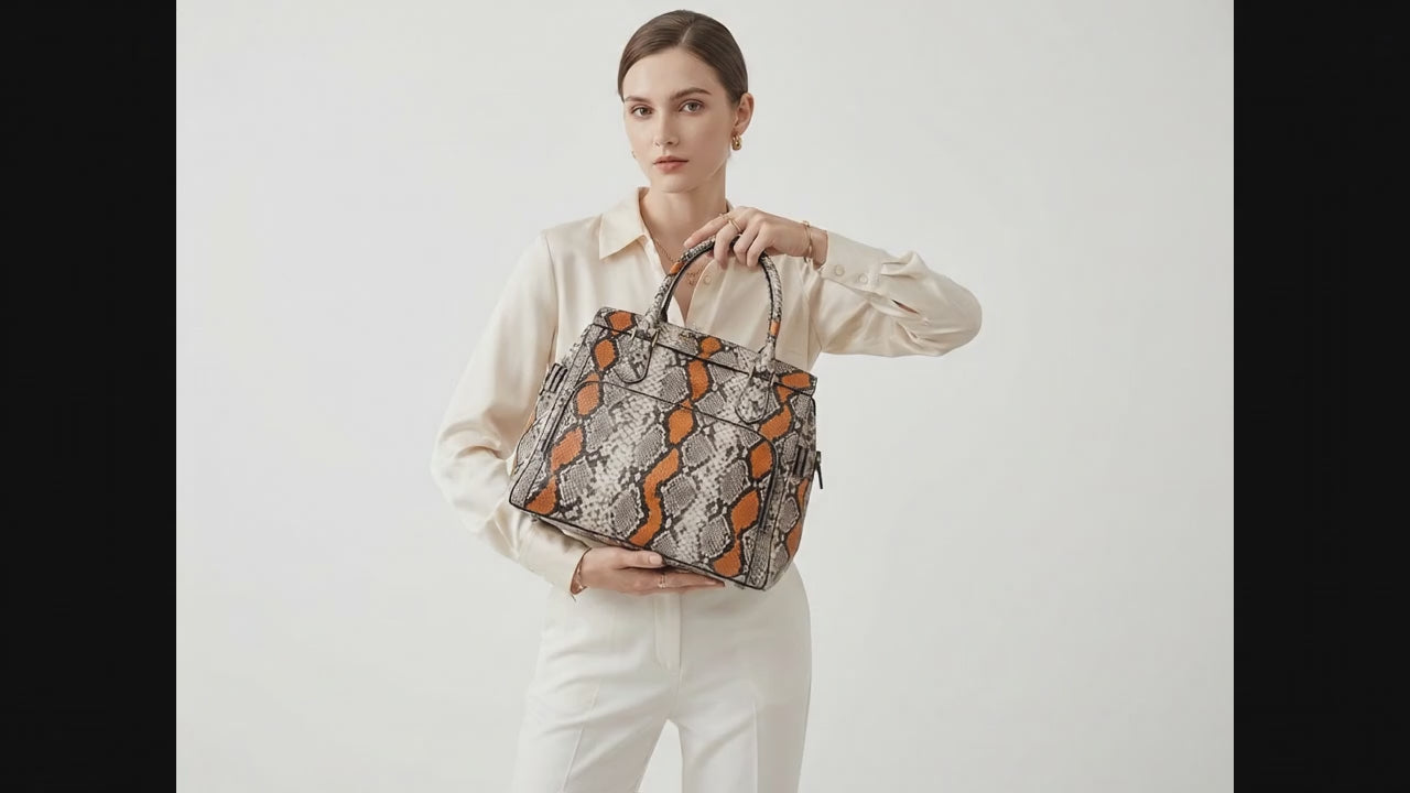 Orange Python Snakeskin Leather Satchel Tote