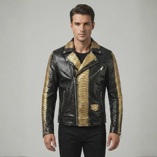 Genuine Python Snakeskin Biker Jacket: Black Gold Exotic Leather Motorcycle Jacket