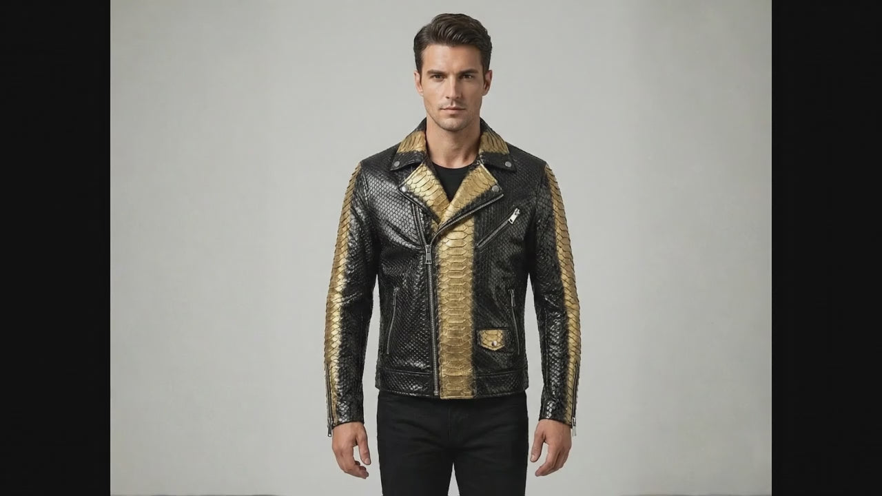 Genuine Python Snakeskin Biker Jacket: Black Gold Exotic Leather Motorcycle Jacket