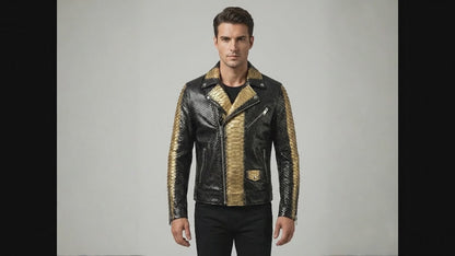 Genuine Python Snakeskin Biker Jacket: Black Gold Exotic Leather Motorcycle Jacket