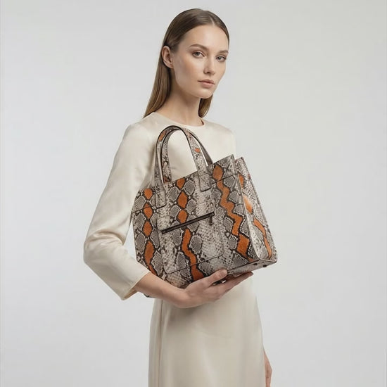 Genuine Python Snakeskin Tote Bag: Multi Orange Exotic Leather Skin