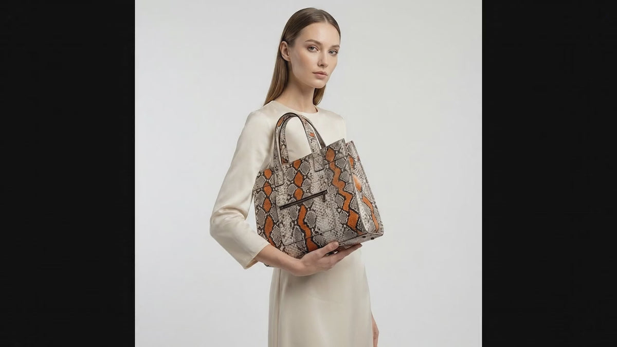 Genuine Python Snakeskin Tote Bag: Multi Orange Exotic Leather Skin