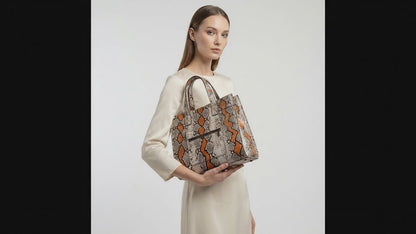 Genuine Python Snakeskin Tote Bag: Multi Orange Exotic Leather Skin