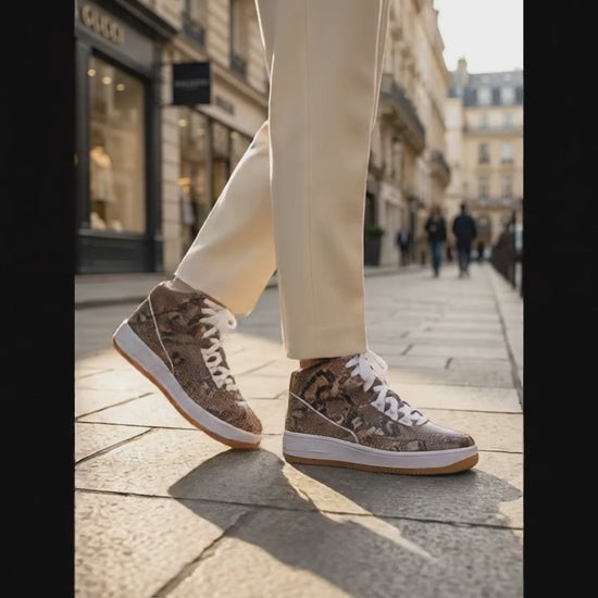 Brown Python Snakeskin Leather High-Top Sneakers