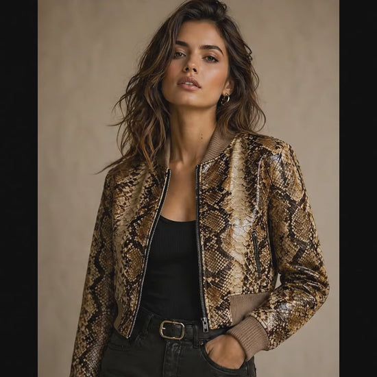 Brown Python Snakeskin Cropped Bomber Jacket