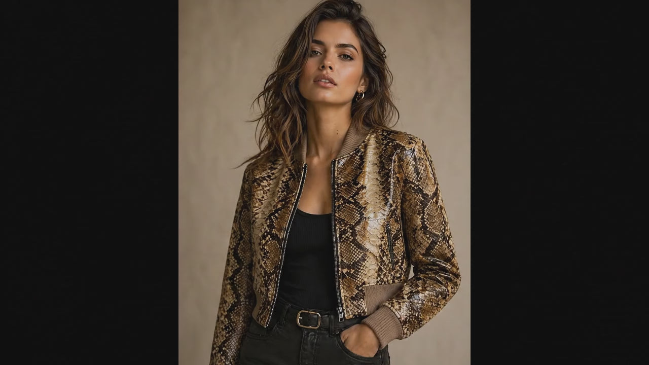 Brown Python Snakeskin Cropped Bomber Jacket