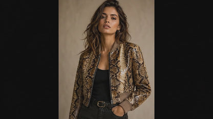 Brown Python Snakeskin Cropped Bomber Jacket