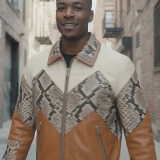 Men's Bomber Jacket | Genuine Python Snakeskin | Lambskin Leather | Cream Brown