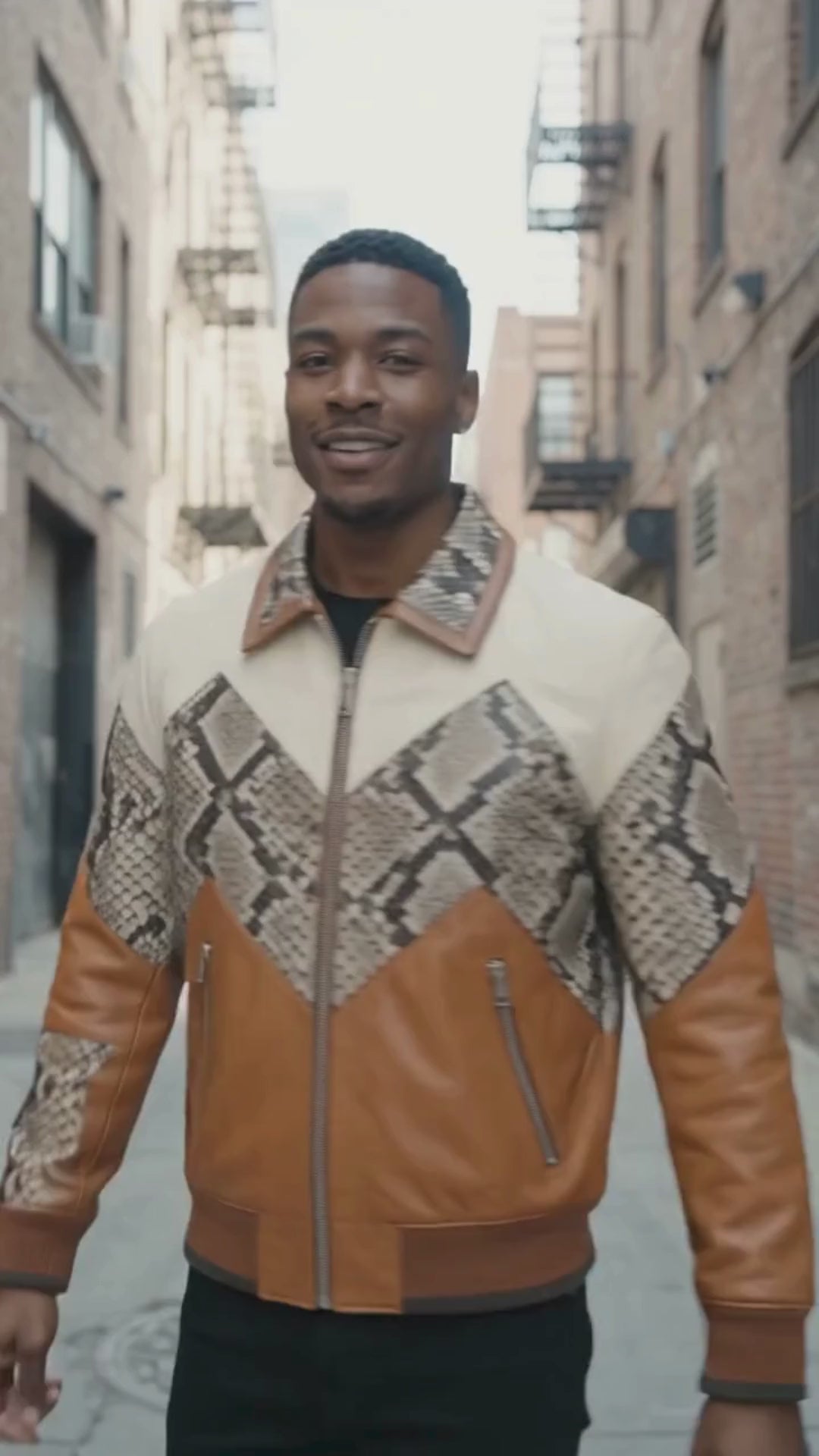 Men's Bomber Jacket | Genuine Python Snakeskin | Lambskin Leather | Cream Brown