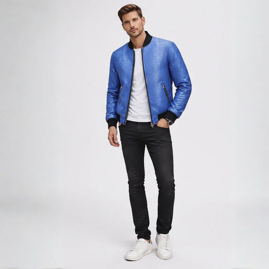 Blue Python Snakeskin Bomber Jacket