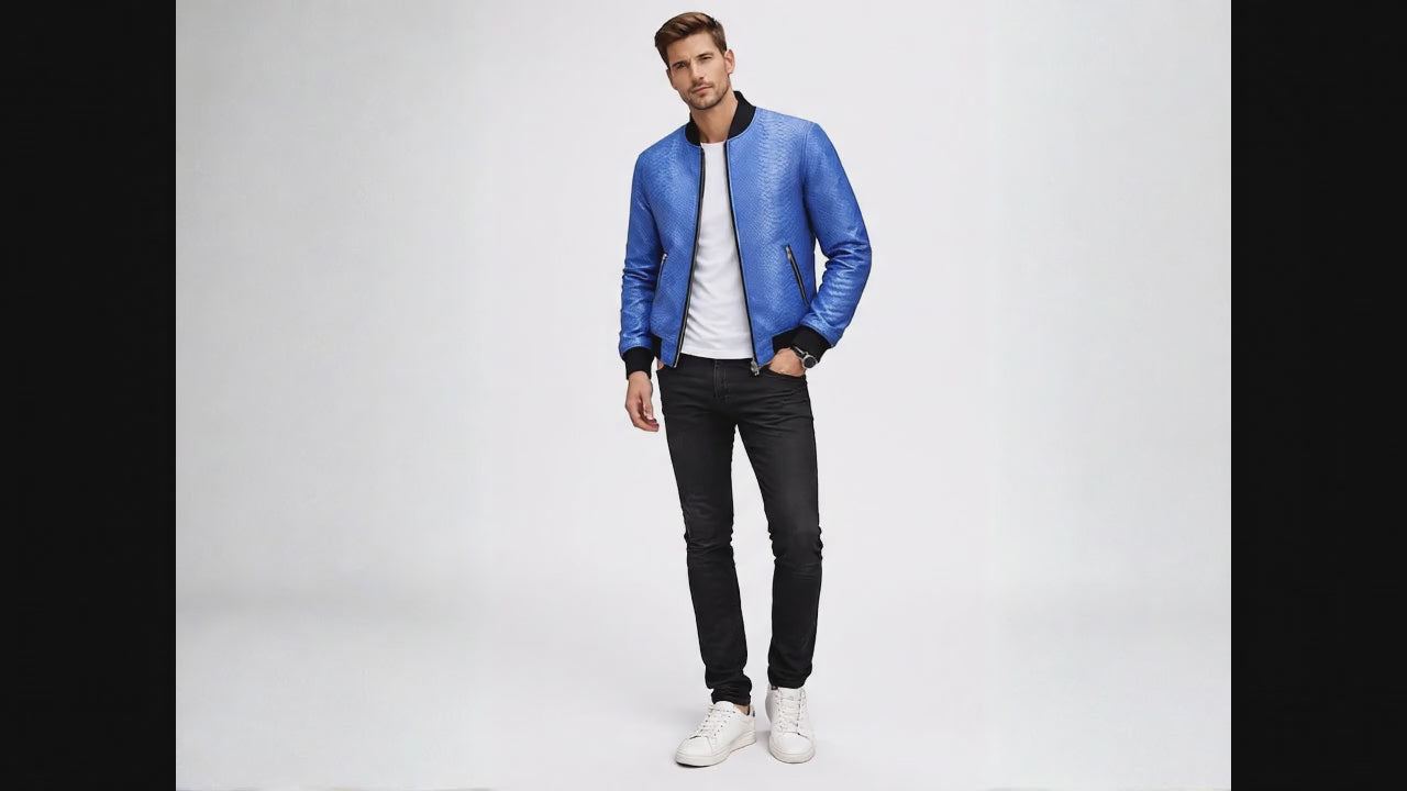 Blue Python Snakeskin Bomber Jacket