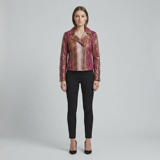 Genuine Python Snakeskin Leather Biker Jacket for Women: Pink Brown Exotic Motorcycle Jacket