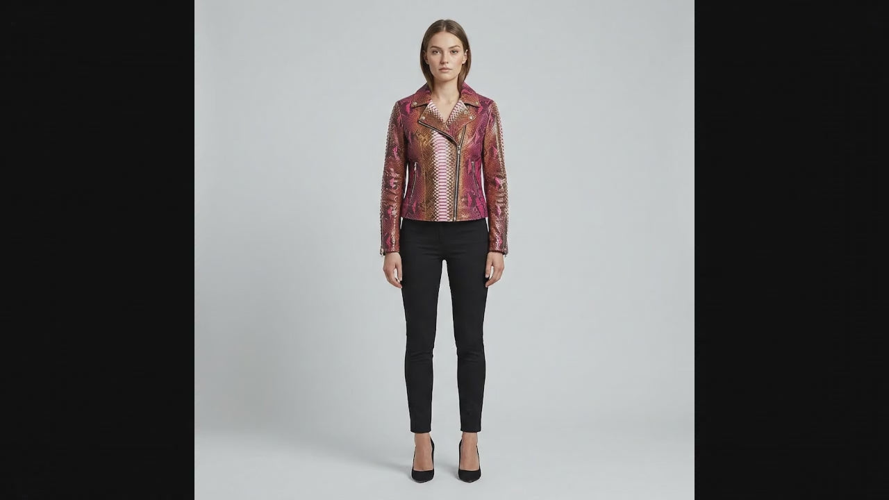 Genuine Python Snakeskin Leather Biker Jacket for Women: Pink Brown Exotic Motorcycle Jacket