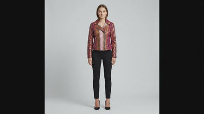 Genuine Python Snakeskin Leather Biker Jacket for Women: Pink Brown Exotic Motorcycle Jacket