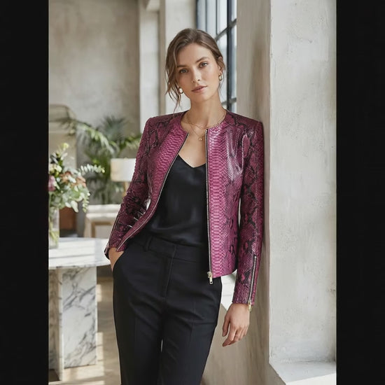 Pink Burgundy Python Snakeskin Leather Jacket