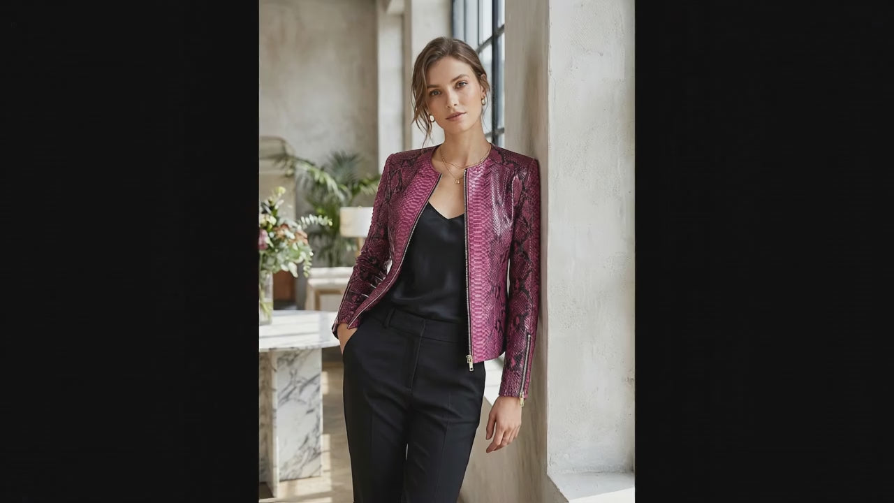 Pink Burgundy Python Snakeskin Leather Jacket