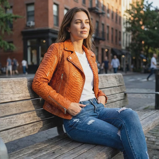 Genuine Python Snakeskin Leather Biker Jacket for Women: Burnt Orange Exotic Motorcycle Jacket