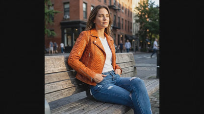 Genuine Python Snakeskin Leather Biker Jacket for Women: Burnt Orange Exotic Motorcycle Jacket