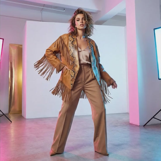 Brown Snakeskin Fringe Leather Jacket