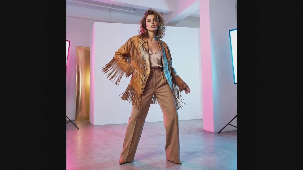 Brown Snakeskin Fringe Leather Jacket